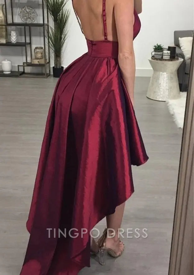 TingPo Wholesale Elegant A-line V Neck Sleeveless Taffeta Asymmetrical Homecoming Dress